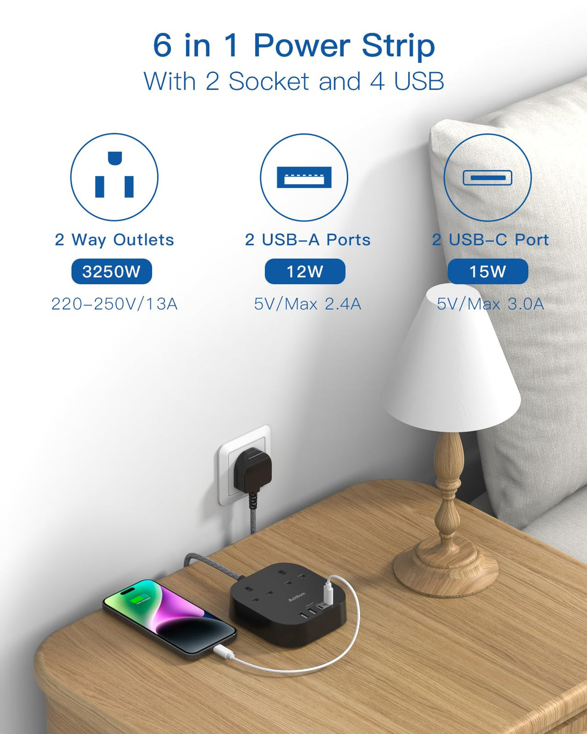 Extension Lead, Power Strips with 2 Way Outlets 4(4.5A, 2 Type C & 2 USB-A)