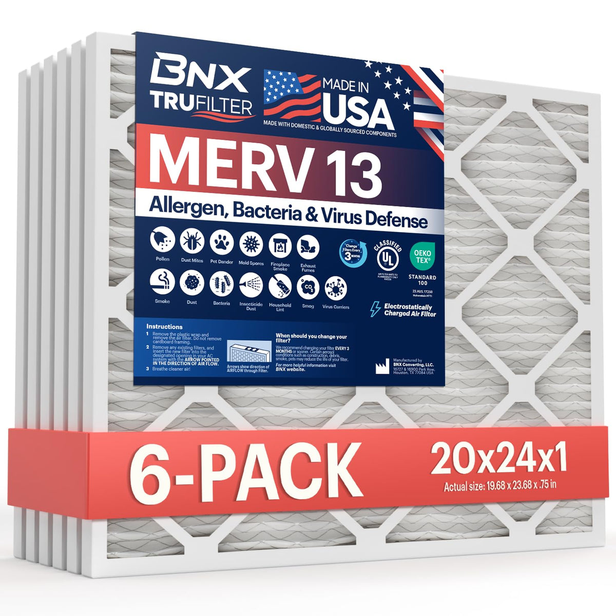 BNX TruFilter 20x20x1 Air Filter MERV 13 Smoke, Allergy, Pet Defense 6-Pack