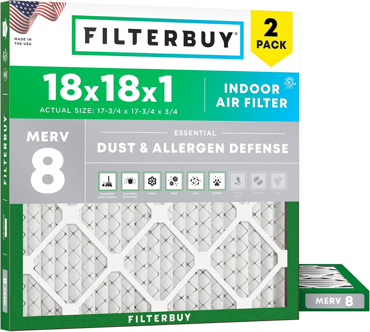 Filterbuy 18x18x1 Air Filter MERV 8 Dust & Allergy Defense (2-Pack)