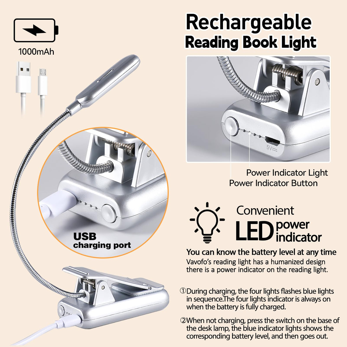 VAVOFO Rechargeable Reading Light, Clip on Book Light for Reading in Bed