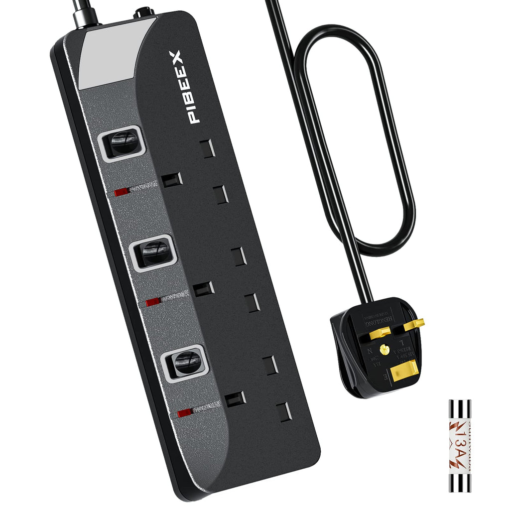 PIBEEX Extension Lead 2 Way Plug Sockets with Individual Switches Wall Mountable Power Strip 3M Extension Cable 13A Fused UK Plug 3250W