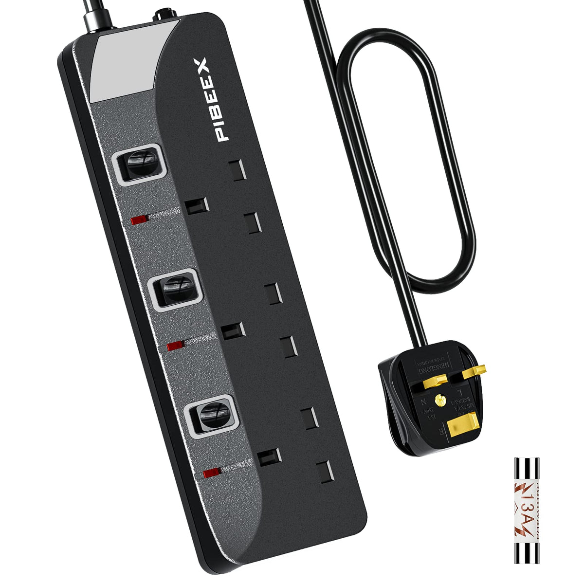 PIBEEX Extension Lead 2 Way Plug Sockets with Individual Switches Wall Mountable Power Strip 3M Extension Cable 13A Fused UK Plug 3250W