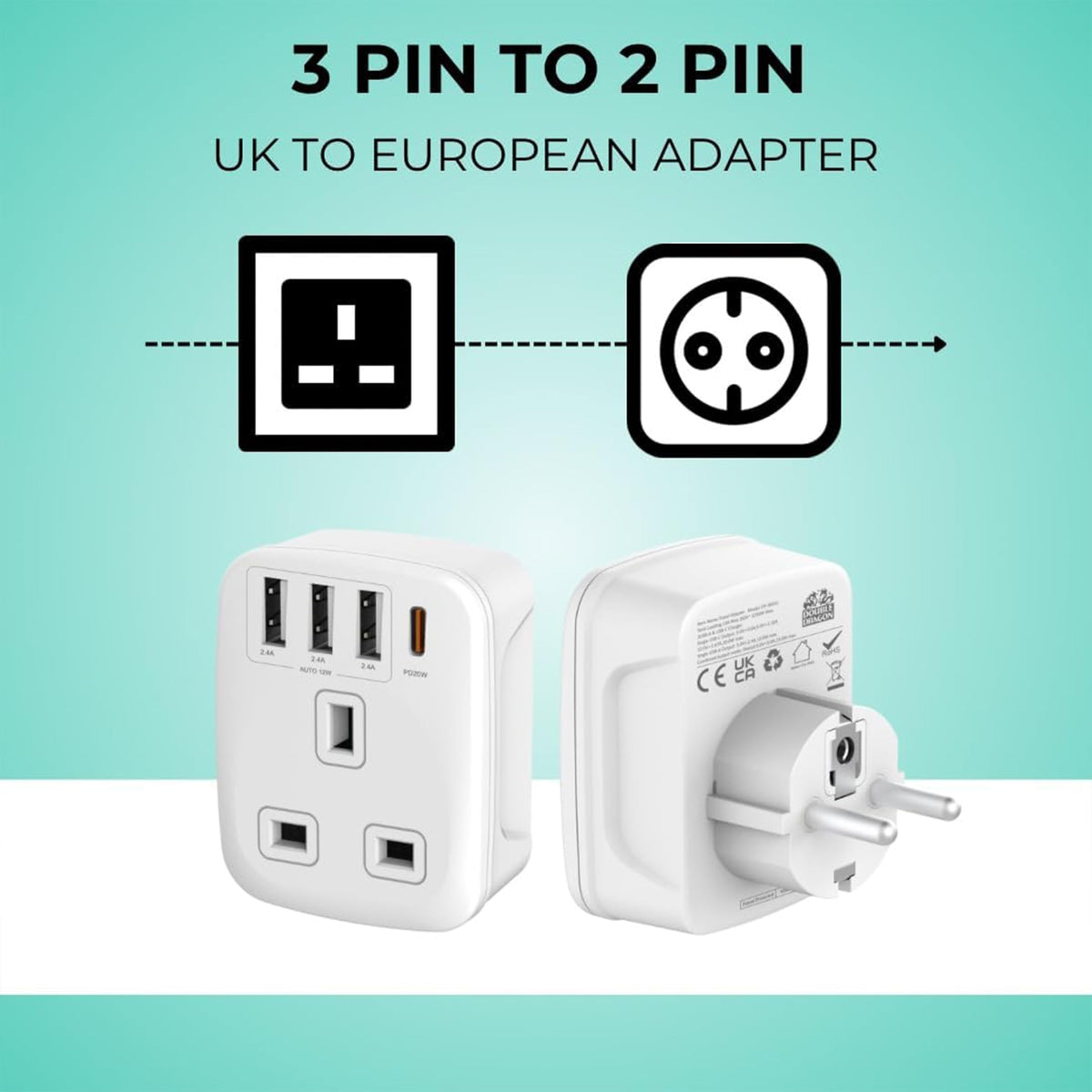 Double Dragon 2-Pack UK Electric Toothbrush & Shaver Plug Adapter | 2-Pin to 3-Pin Bathroom Converter | Supports UK EU Round & US Flat 2-Pin Plugs | 1A Fused | Compatible with Oral-B, Braun, Philips