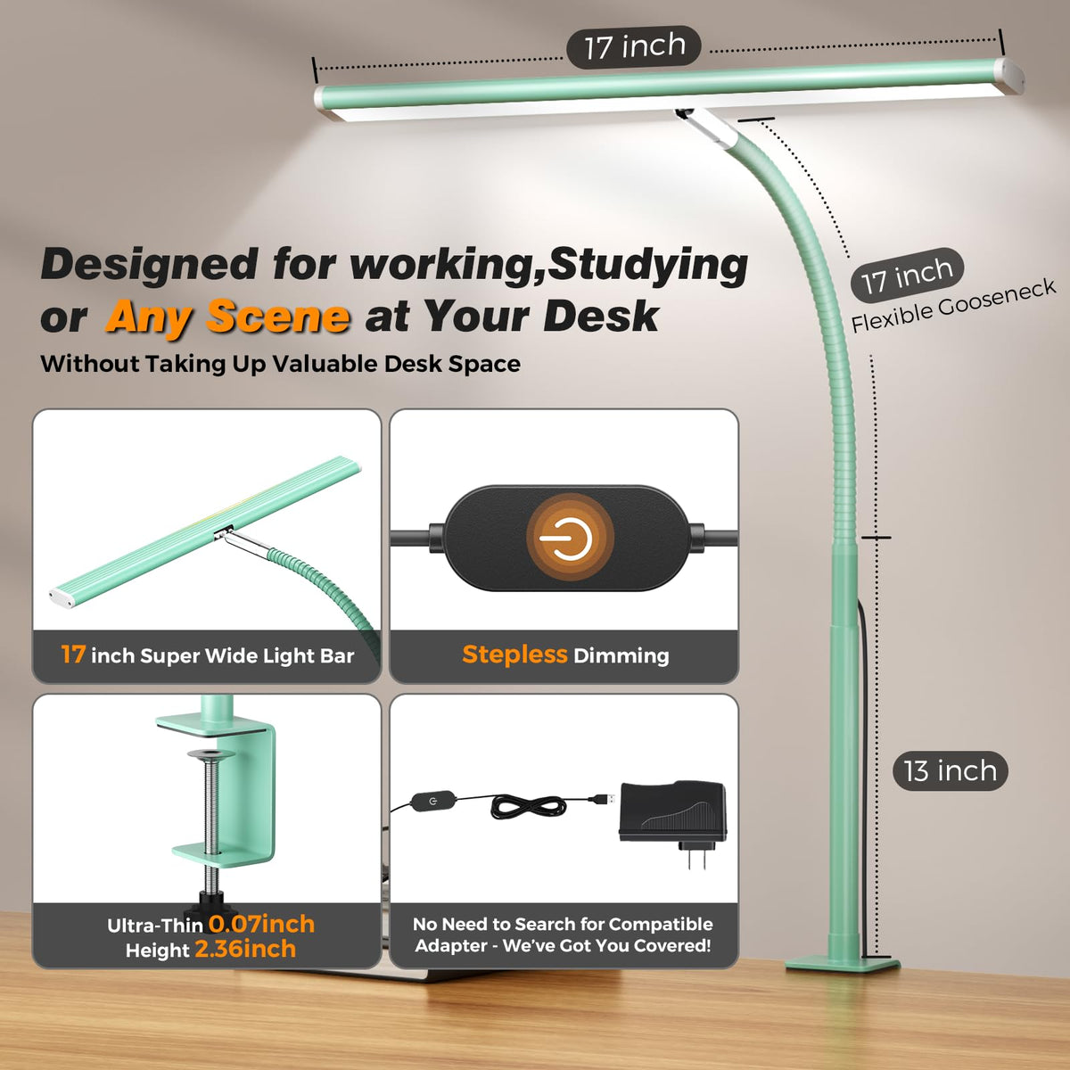 Airlonv LED Desk Lamp with Clamp, 17" Stepless Dimming Light, Black