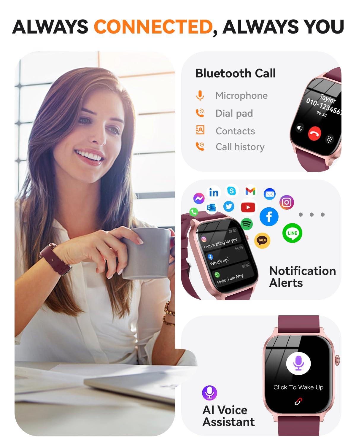 Smart Watch for Men Women- Answer/Make Call, 2026 IP68 Waterproof Fitness Tracker Watch with Sleep Step Counter Activity Smartwatch for Samsung Android iPhone iOS (Deep Burgundy, 1.83)
