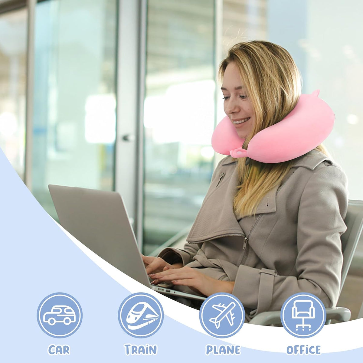 WENGX Travel Neck Pillow With Storage Bag Memory Foam Head Support Flight Pillows Cushion for Airplane Train Car Office Travel Essential for a Long Hauls Sleeping Rest(Pale Pink)