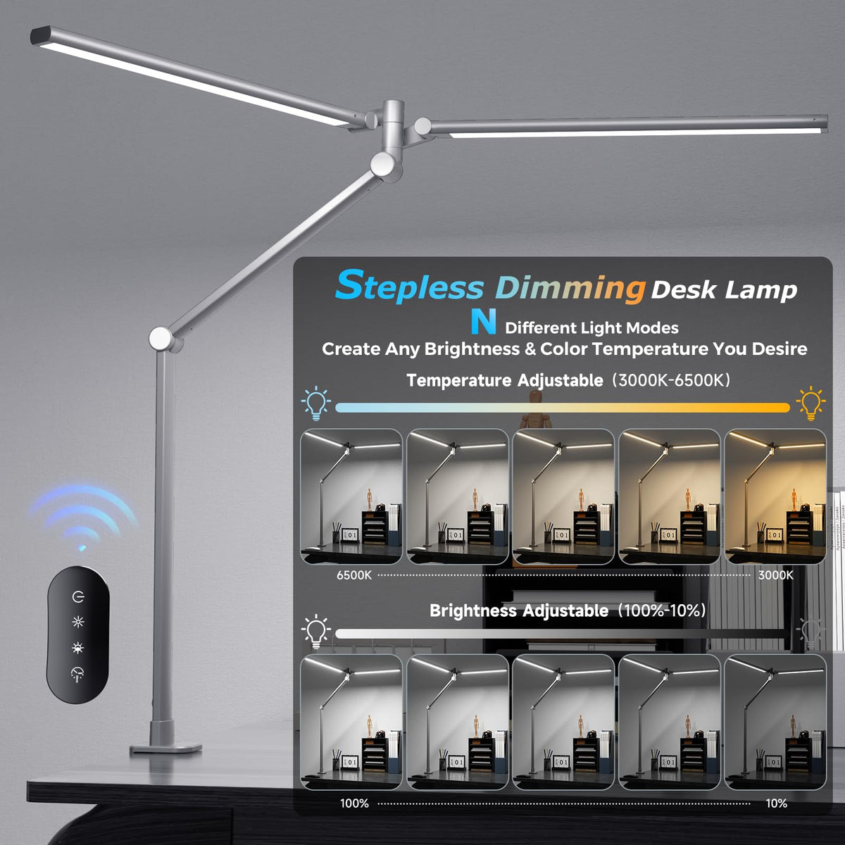 Airlonv LED Desk Lamp with Clamp, 17" Stepless Dimming Light, Black