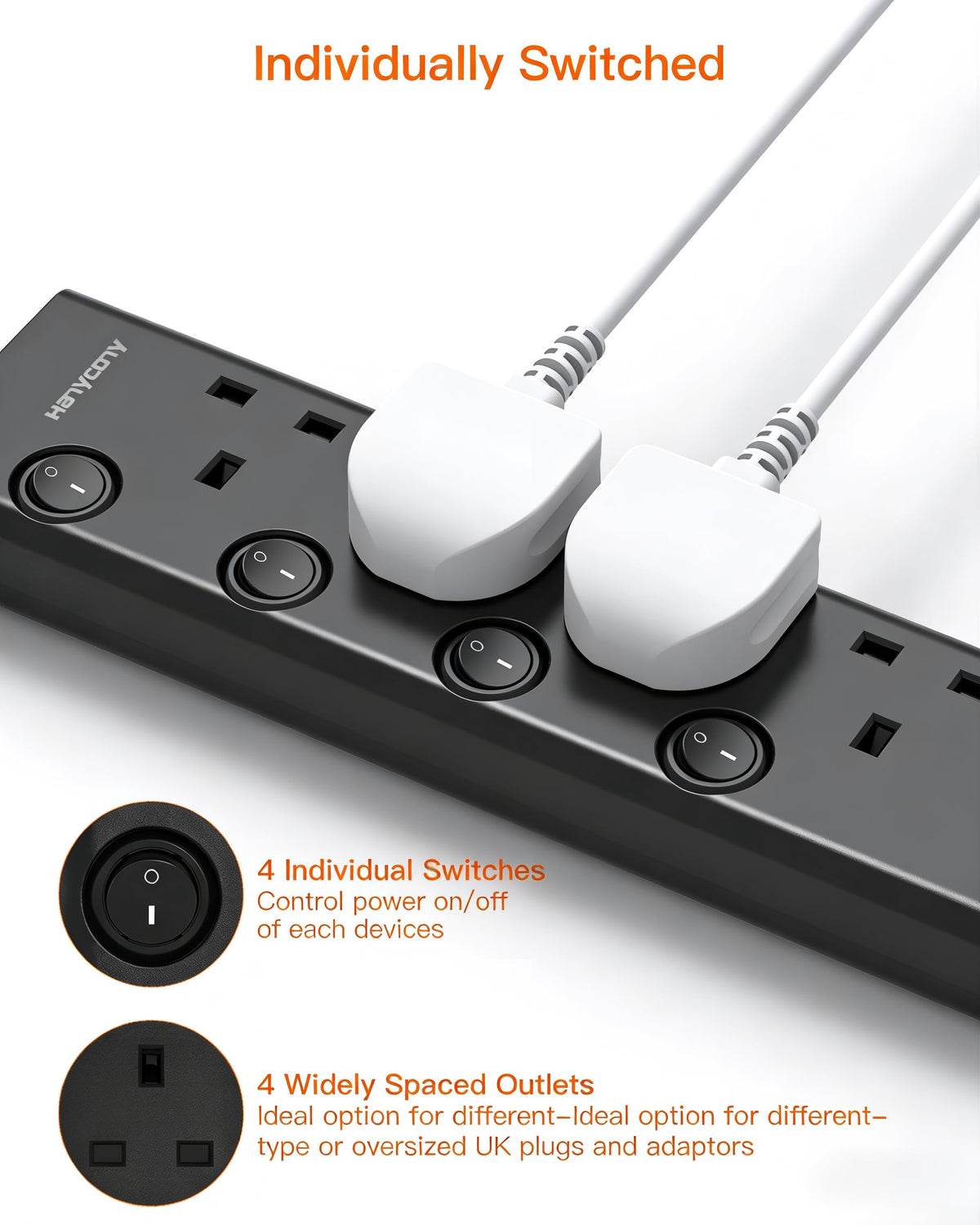 Black Extension Lead with 4 USB Slots(2 USB C), 4 Way Plug Extension Socket
