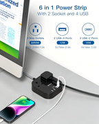 Addtam Extension Lead with USB Slots, Power Strips with 2 Way Outlets 4 USB