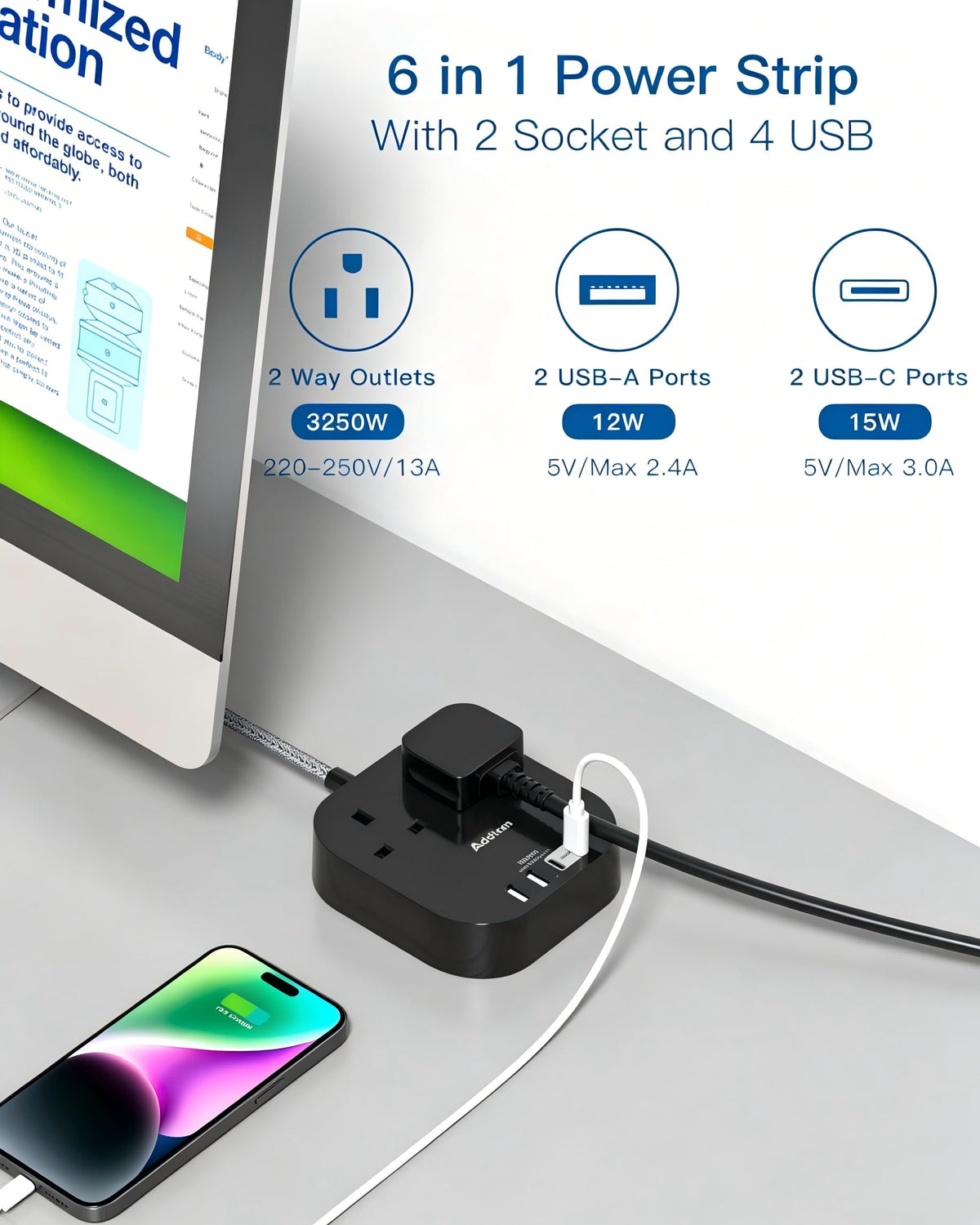 Addtam Extension Lead with USB Slots, Power Strips with 2 Way Outlets 4 USB