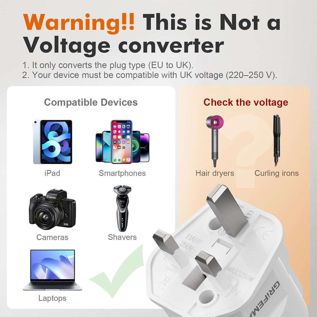 GRIFEMA EU to UK Plug Adapter with 13A Fuse 2 Pack