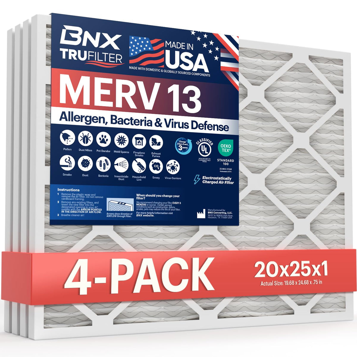 BNX TruFilter 20x20x1 Air Filter MERV 13 Smoke, Allergy, Pet Defense 6-Pack
