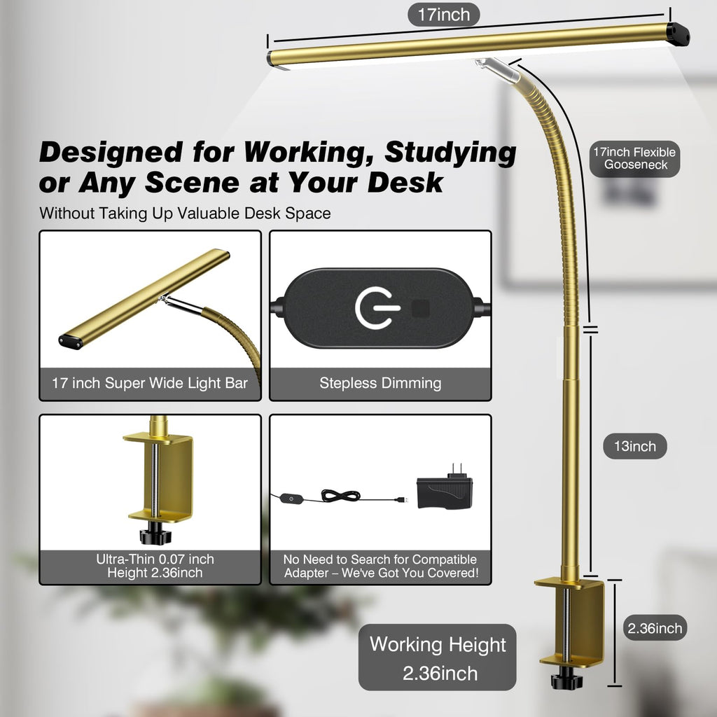 Airlonv LED Desk Lamp with Clamp, 17" Stepless Dimming Light, Black