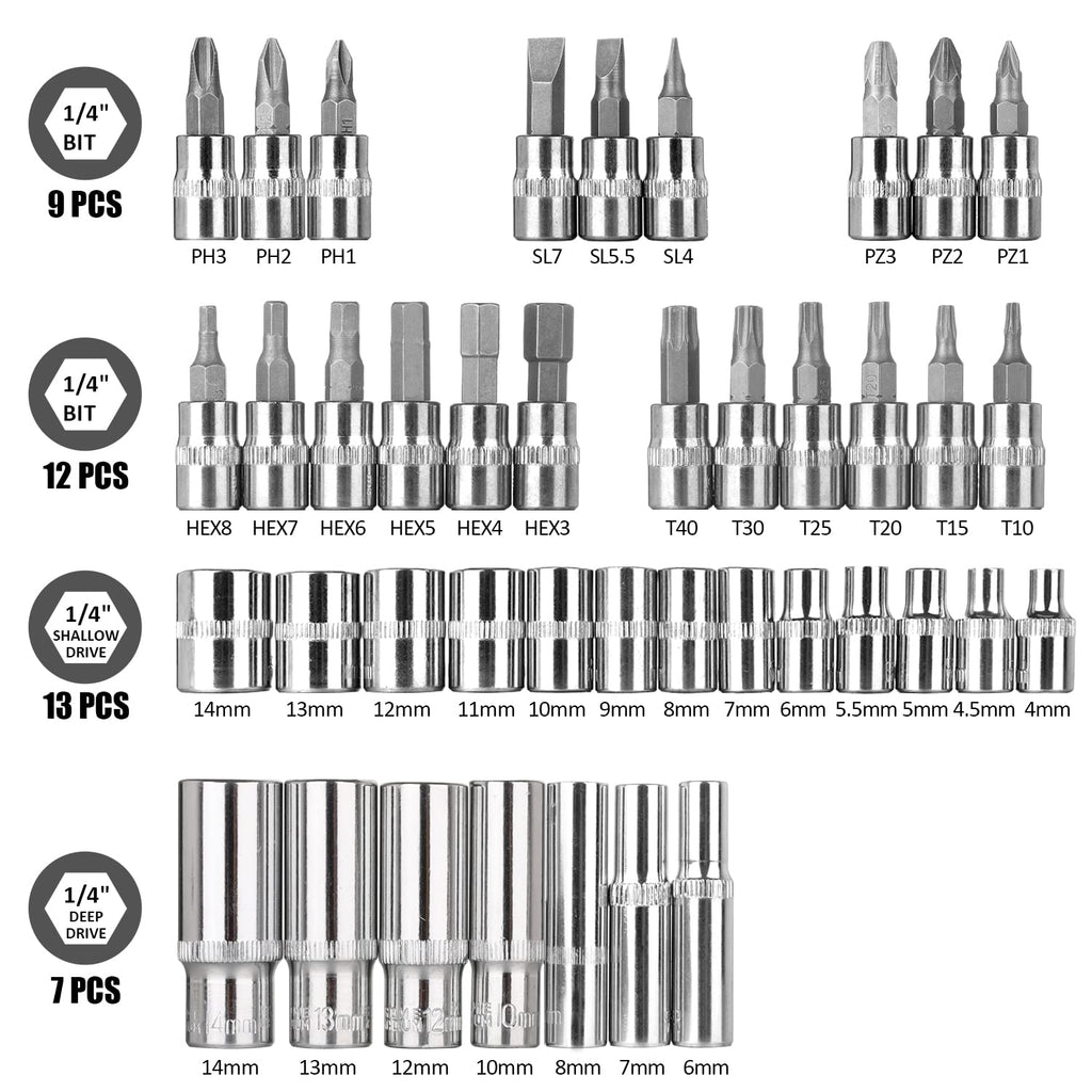 Egofine 46 Pieces 1/4 inch Drive Socket Ratchet Wrench Set, with Bit Socket Set Metric and Extension Bar for Auto Repairing and Household, with Storage Case