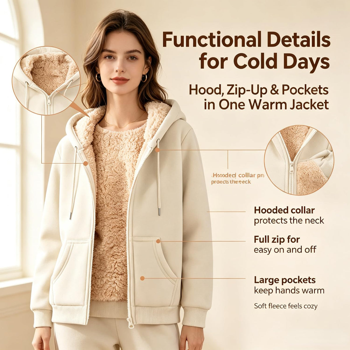 Womens Teddy Fleece Hoodies Sherpa Lined Fuzzy Jacket with Pockets Full Zip Hooded Adjustable Sweatshirts Ladies Winter Warm Jumper Coat Outwear Thermal Outfits Clothing