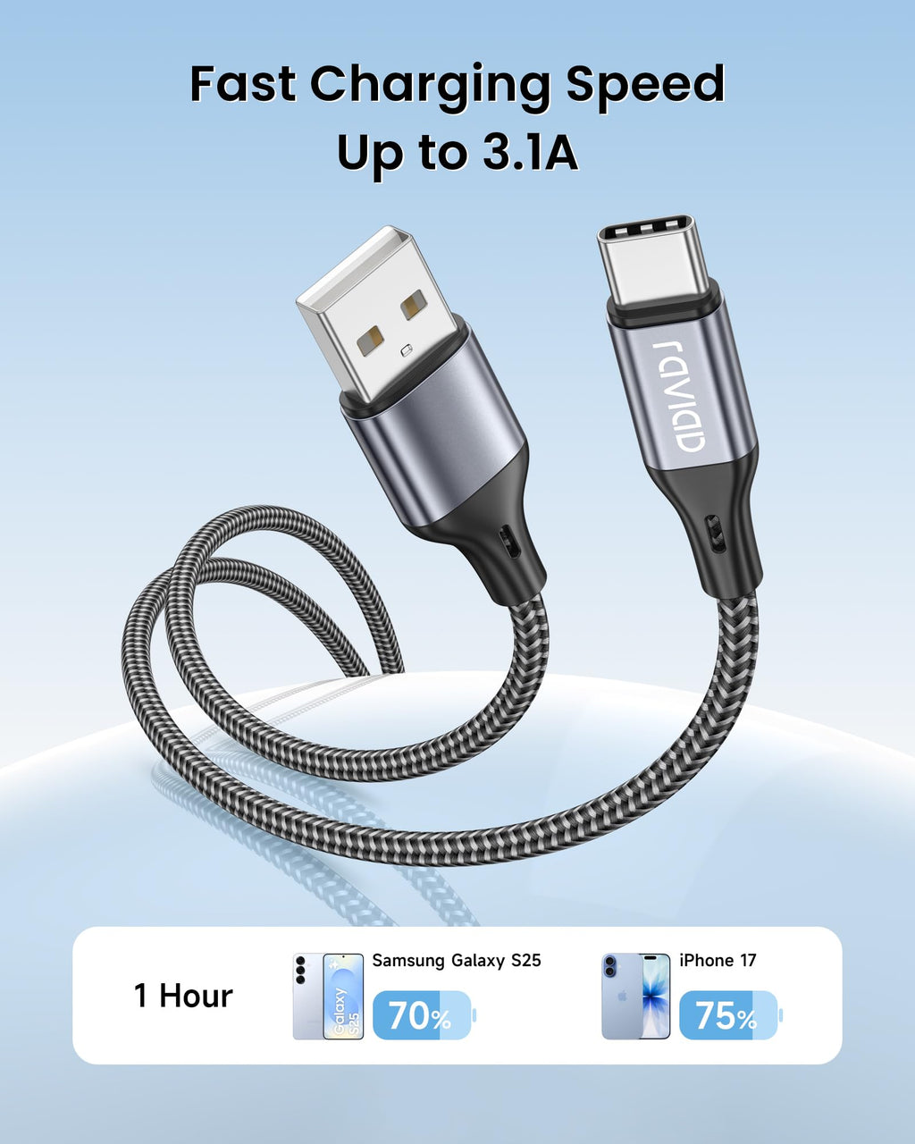 RAVIAD USB C Charger Cable 2M 3Pack, USB to USB C Cable Fast Charging