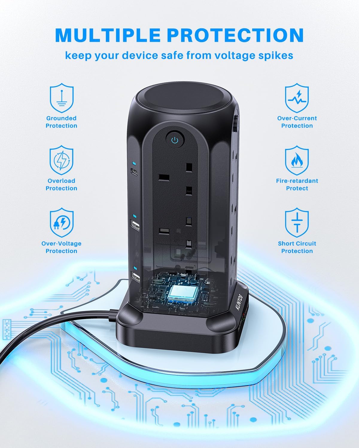 Tower Extension Lead 2M, 12 Way, 6 USB, 4 Independent Switches
