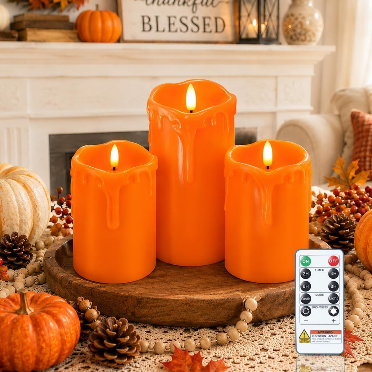 Homemory Orange Drip Real Wax Flameless Candles with Remote Timer, Set of 3