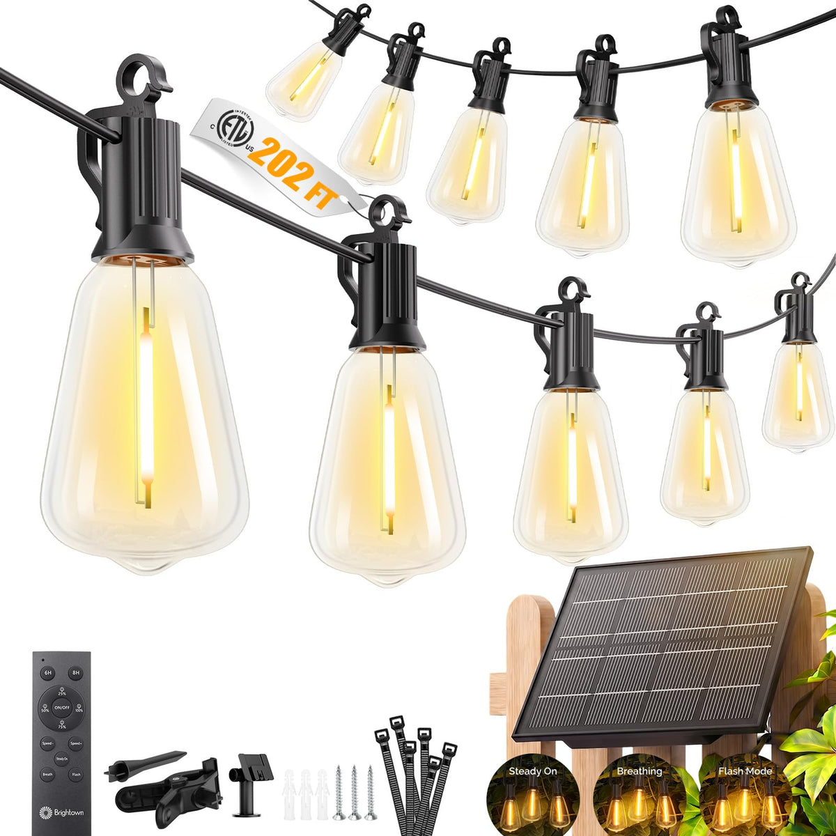 Brightown 52FT Solar String Lights Outdoor Waterproof, Last 30+ Hrs Runtime