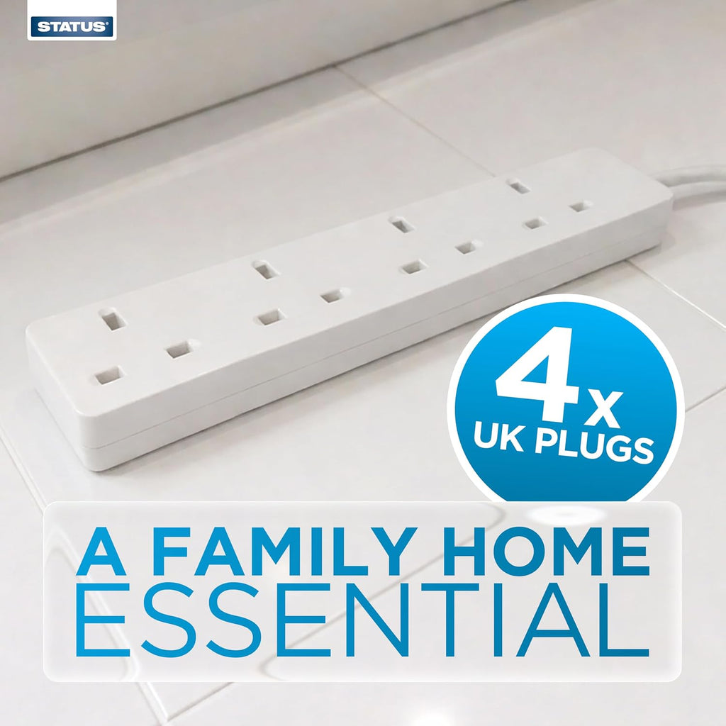 STATUS 4 Way Socket Extension Lead, 1m Cable, White (4WS1M20)