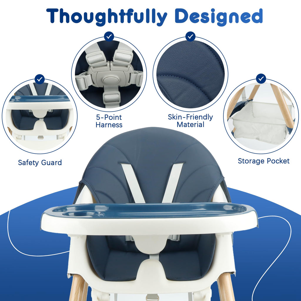 Baby High Chair Foldable Highchair, High Chairs for Babies and Toddlers Adjustable Height & Reclining Seat Detachable Double Tray, Ergonomic Feeding Portable Highchairs for Newborn 6 Months to 5 Years