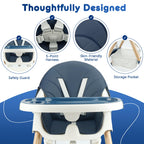 Baby High Chair Foldable Highchair, High Chairs for Babies and Toddlers Adjustable Height & Reclining Seat Detachable Double Tray, Ergonomic Feeding Portable Highchairs for Newborn 6 Months to 5 Years