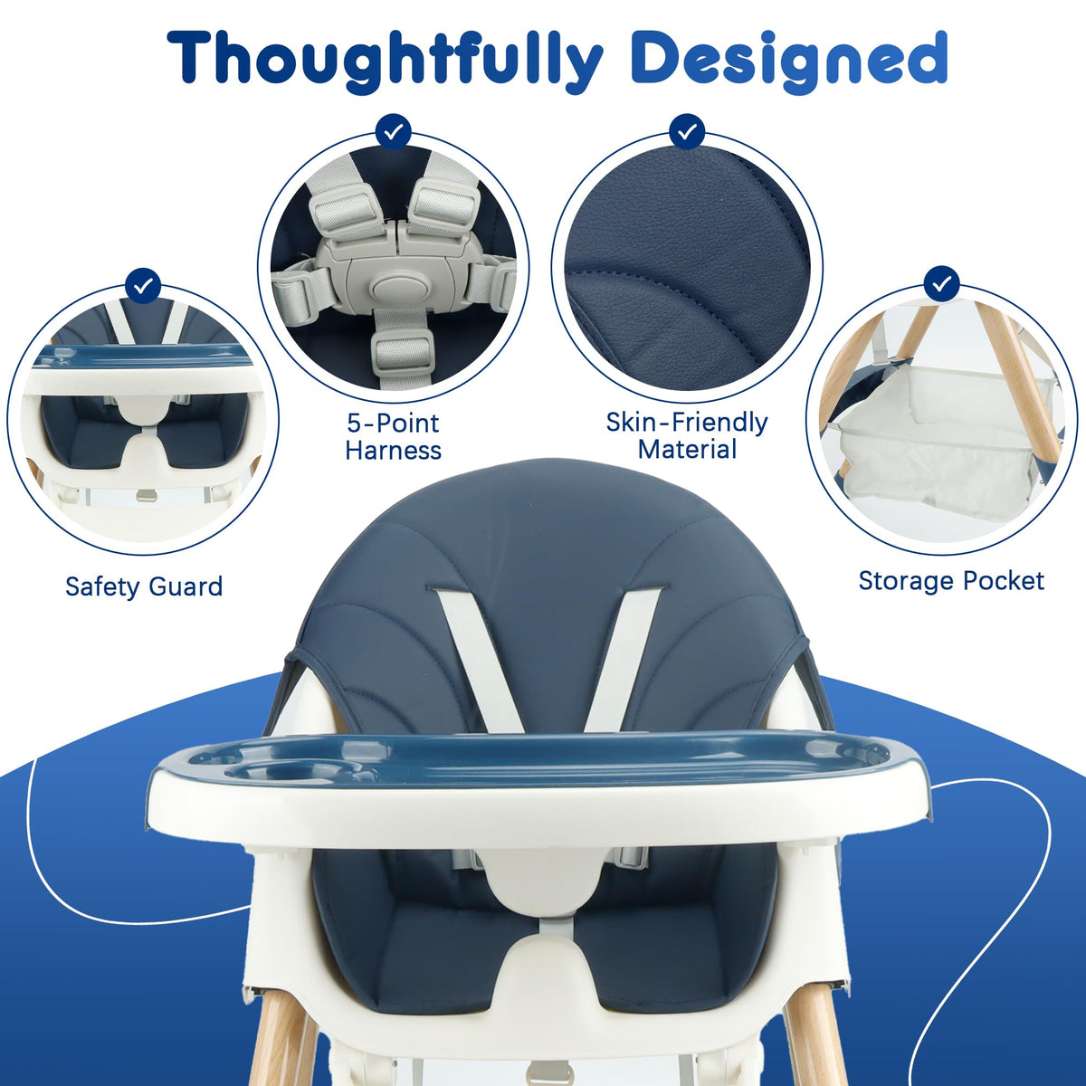 Baby High Chair Foldable Highchair, High Chairs for Babies and Toddlers Adjustable Height & Reclining Seat Detachable Double Tray, Ergonomic Feeding Portable Highchairs for Newborn 6 Months to 5 Years