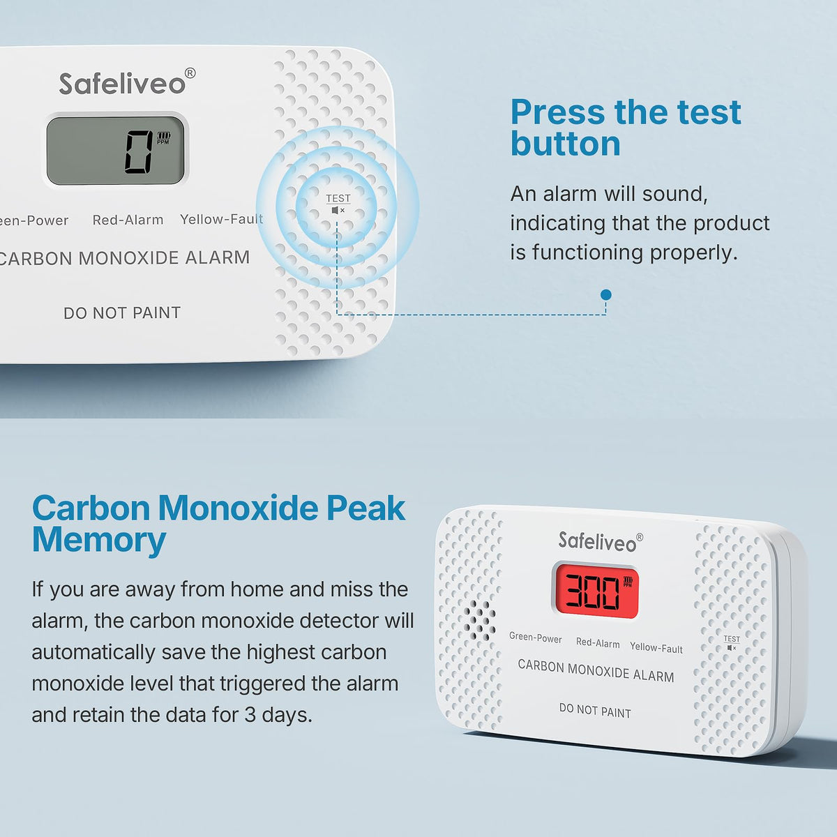 Safeliveo Carbon Monoxide Detector with Replaceable Battery, White, 2Pack