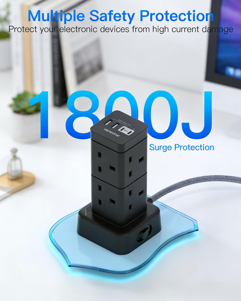 3M Tower Extension Lead with 2 USB C Slots, 8 Way Outlets Power Strip, 10Ft