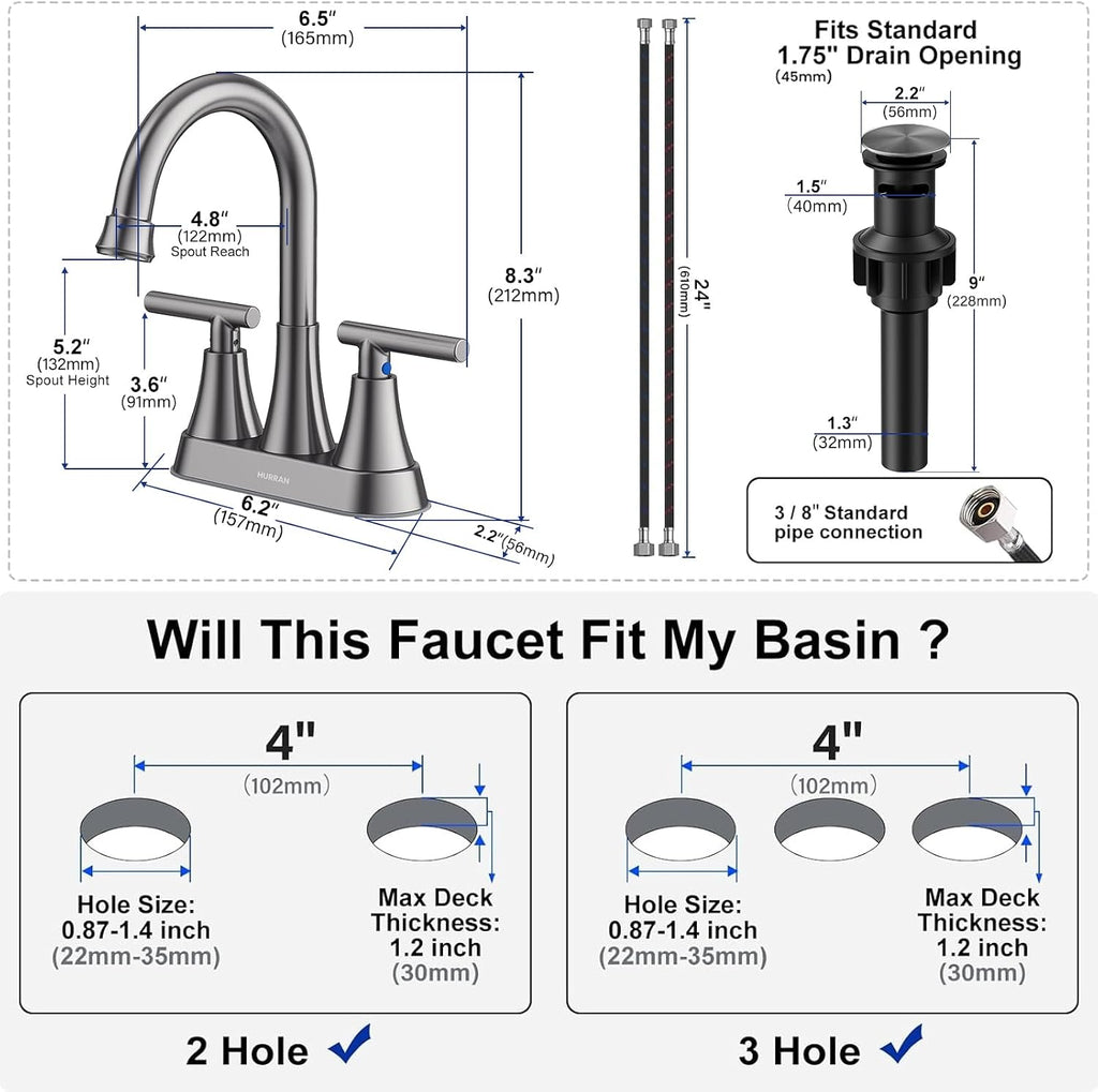 Matte Black Bathroom Faucet, Hurran 4 inch Centerset 2-Handle Lead-Free