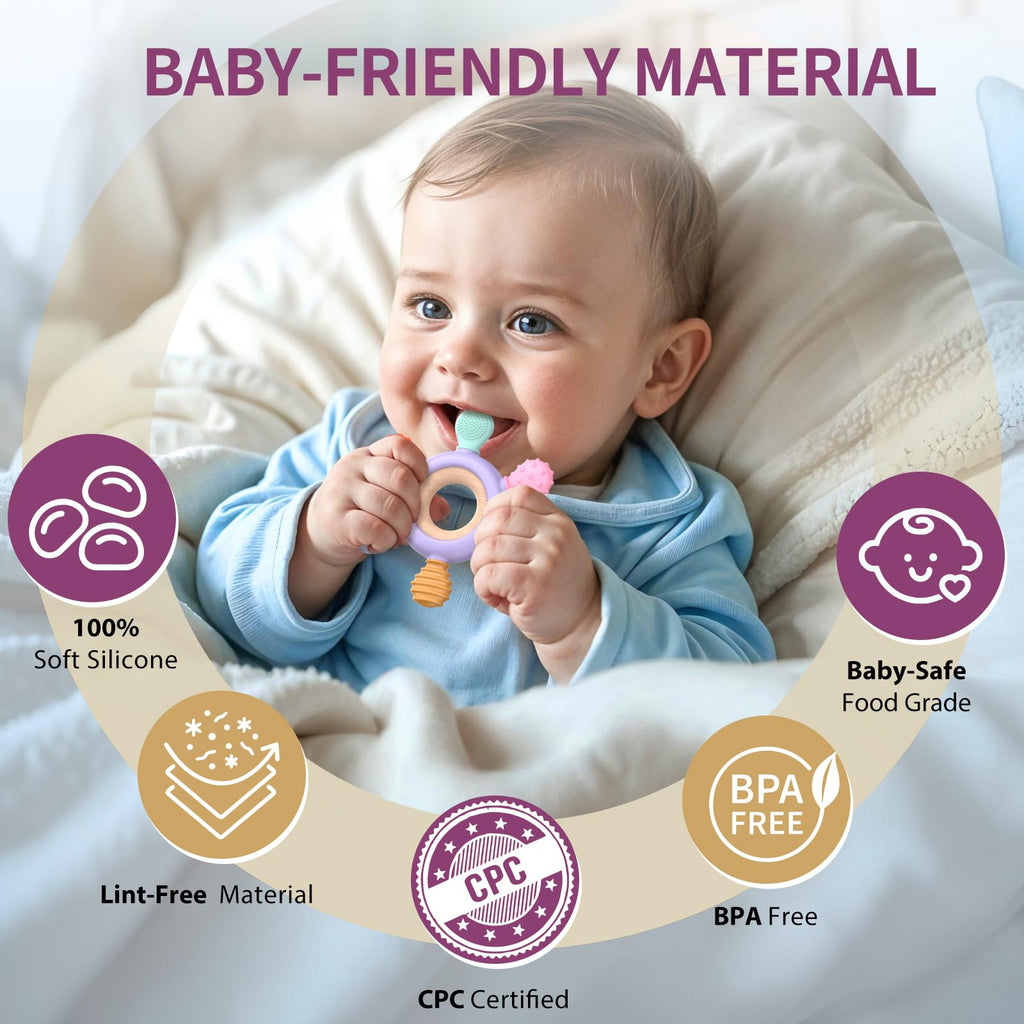 akolik Teething Toys for Baby,Teething Relief Teether Toys for Babies 3-6-12 Months, Silicone Sensory Wooden Teething Toys, BPA-Free,Baby Essentials for 3-6 Months Boy, Girl Toddlers