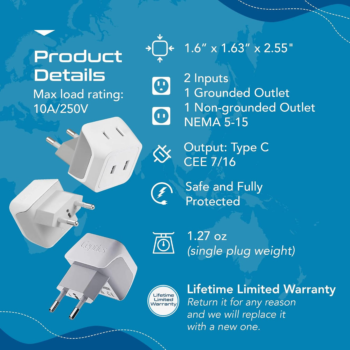 Ceptics 45W Universal Travel Adapter w/ 3 USB-A, 2 USB-C & Universal Input