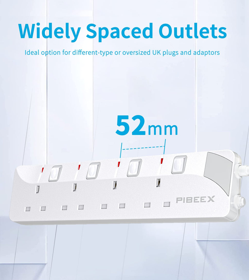 PIBEEX Extension Lead 2 Way Plug Sockets with Individual Switches Wall Mountable Power Strip 3M Extension Cable 13A Fused UK Plug 3250W