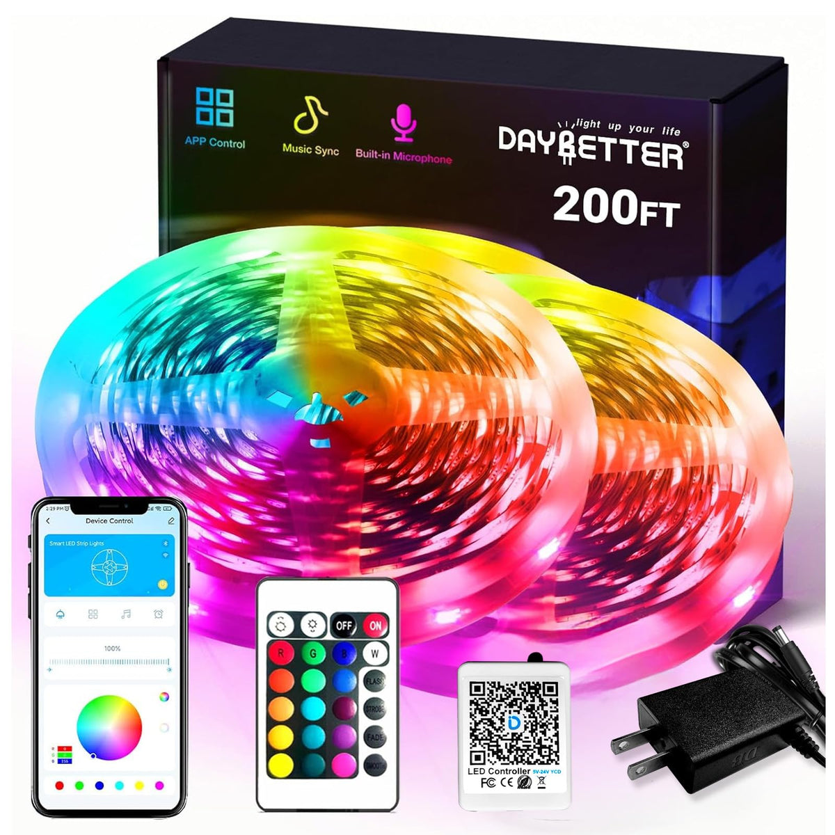 DAYBETTER LED Strip Lights 130ft Lights Strip for Bedroom, Desk, Indoor Room Bedroom Birthday Gifts RGB Decor with Remote and 24V Power Supply