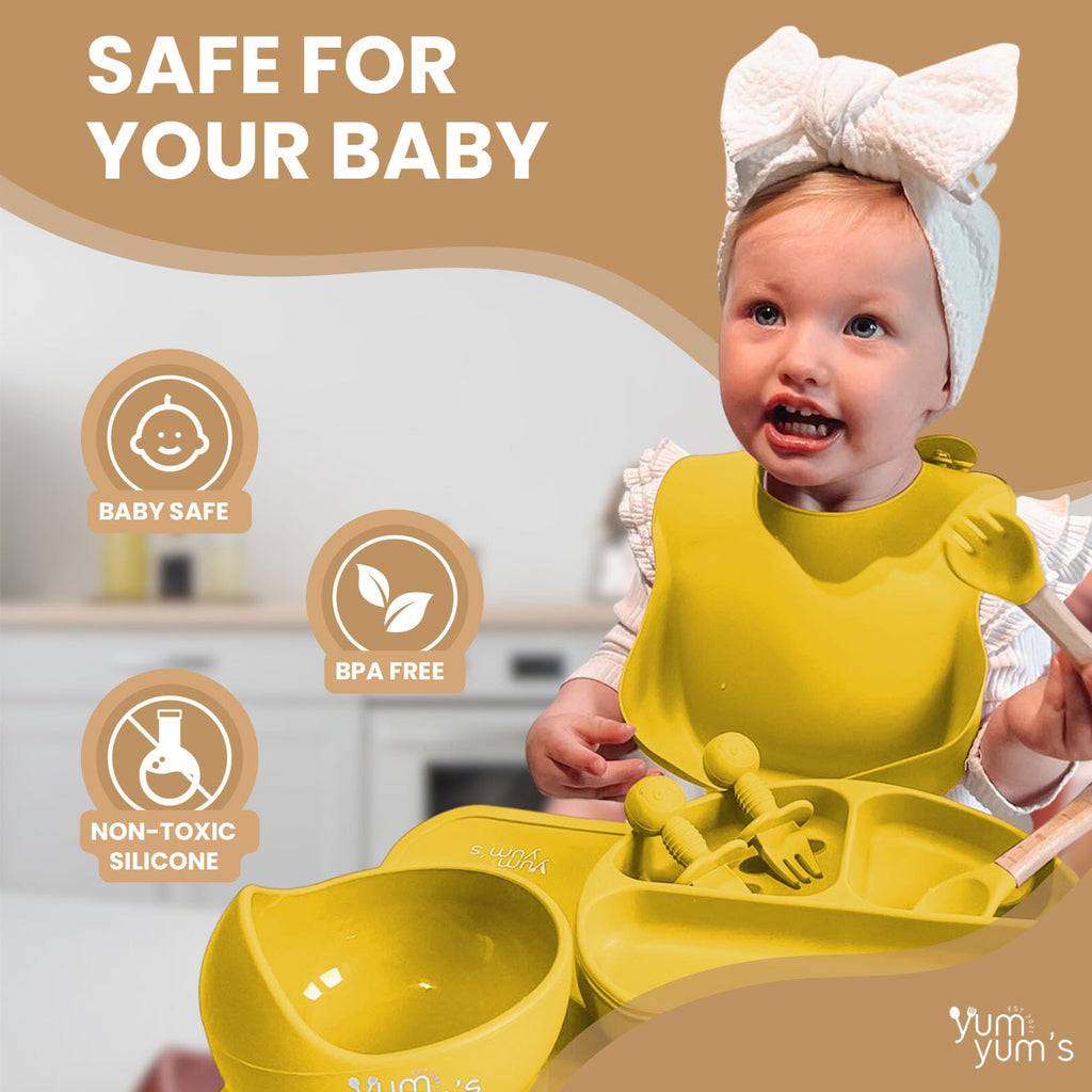 Yum Yum's Baby 10 Pcs Blue Weaning Set - Complete Toddler Feeding Kit w/Sectioned Plate, Suction Bowls, Cutlery with Mouth Guard, Straw Cup, Bib & Mat - Non-Slip - for Toddlers & Baby Gift
