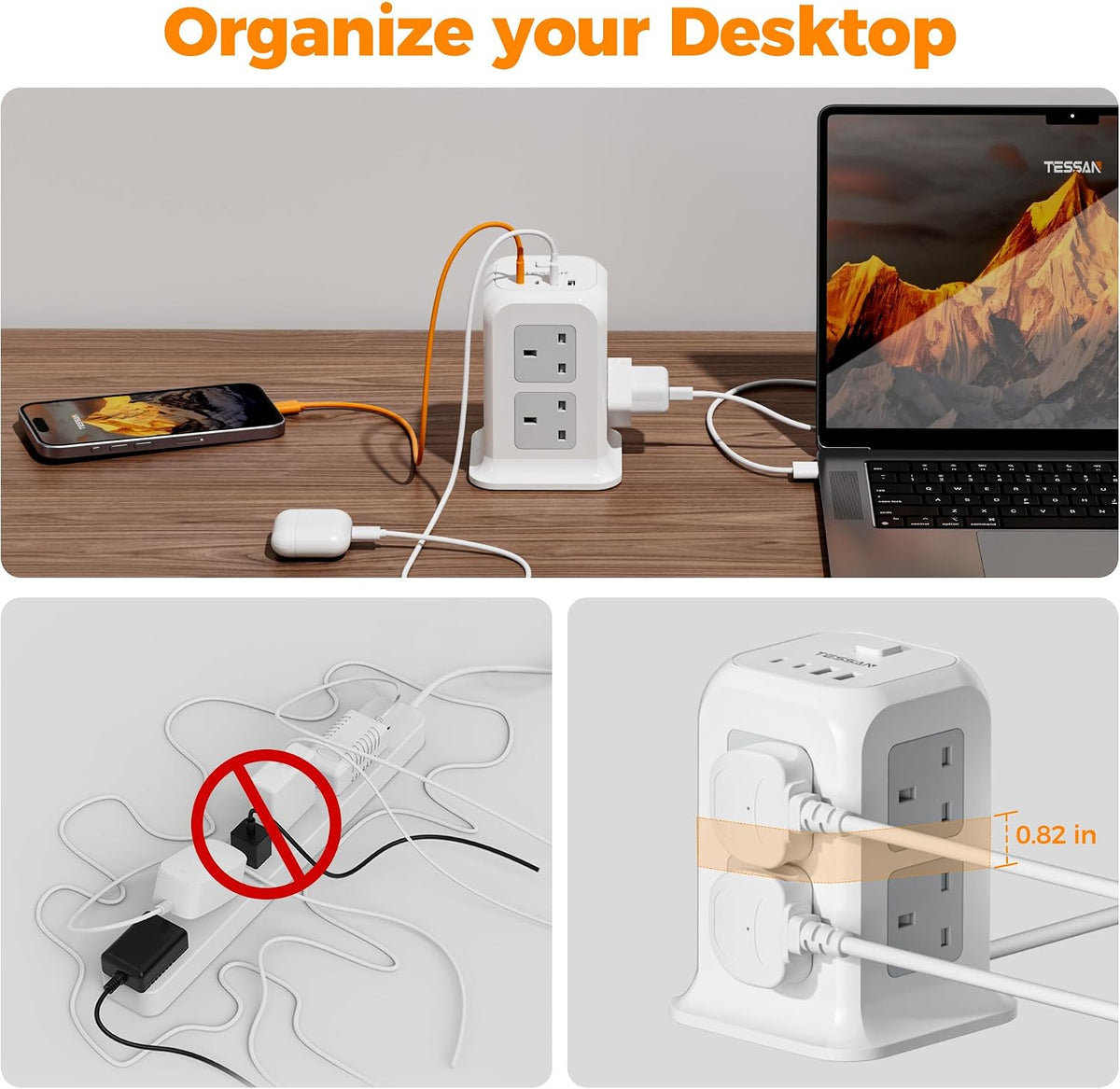 TESSAN 8 Way Tower Extension Lead 2M with 4 USB Slots (2 USB C)