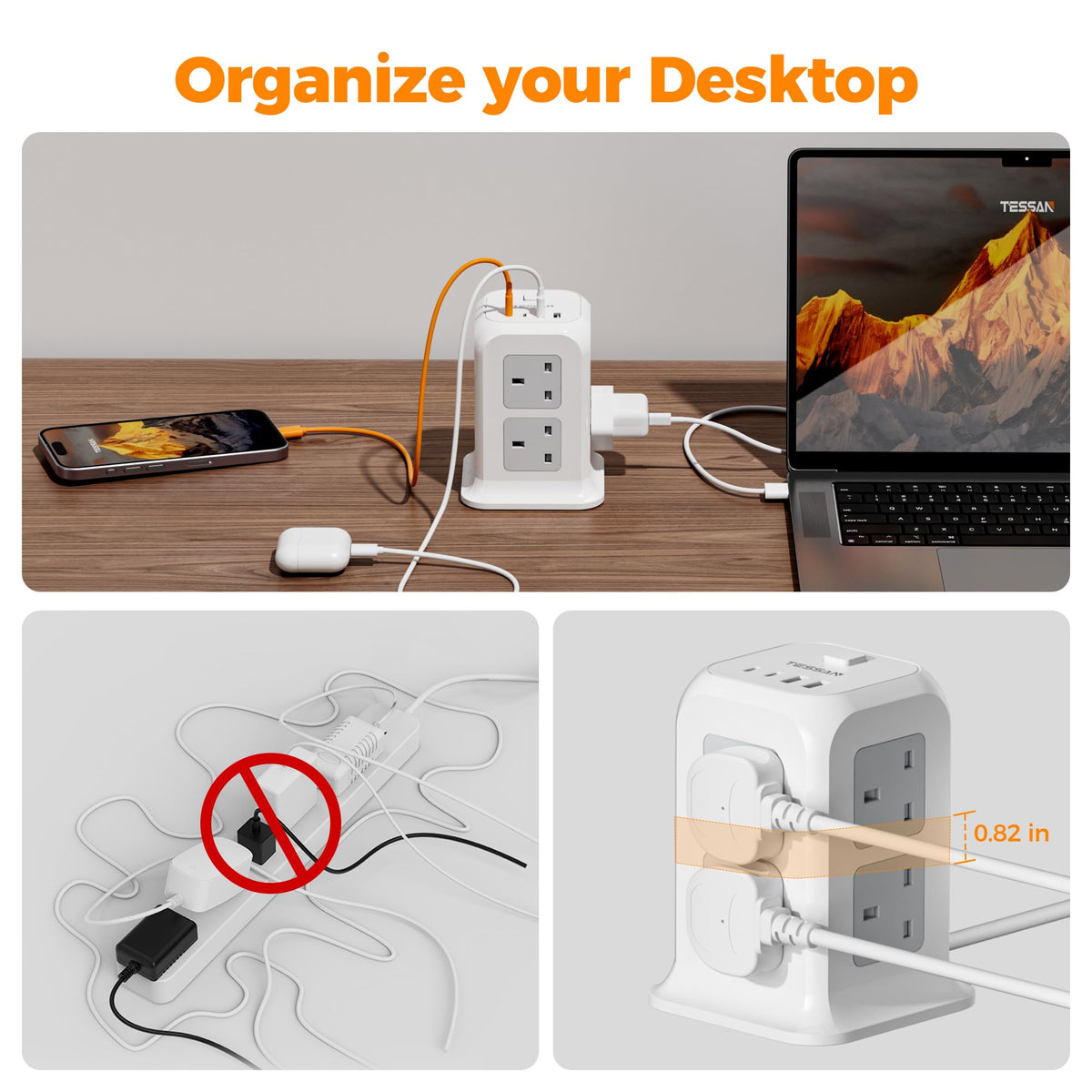 TESSAN 8 Way Tower Extension Lead 2M with 4 USB Slots (2 USB C)