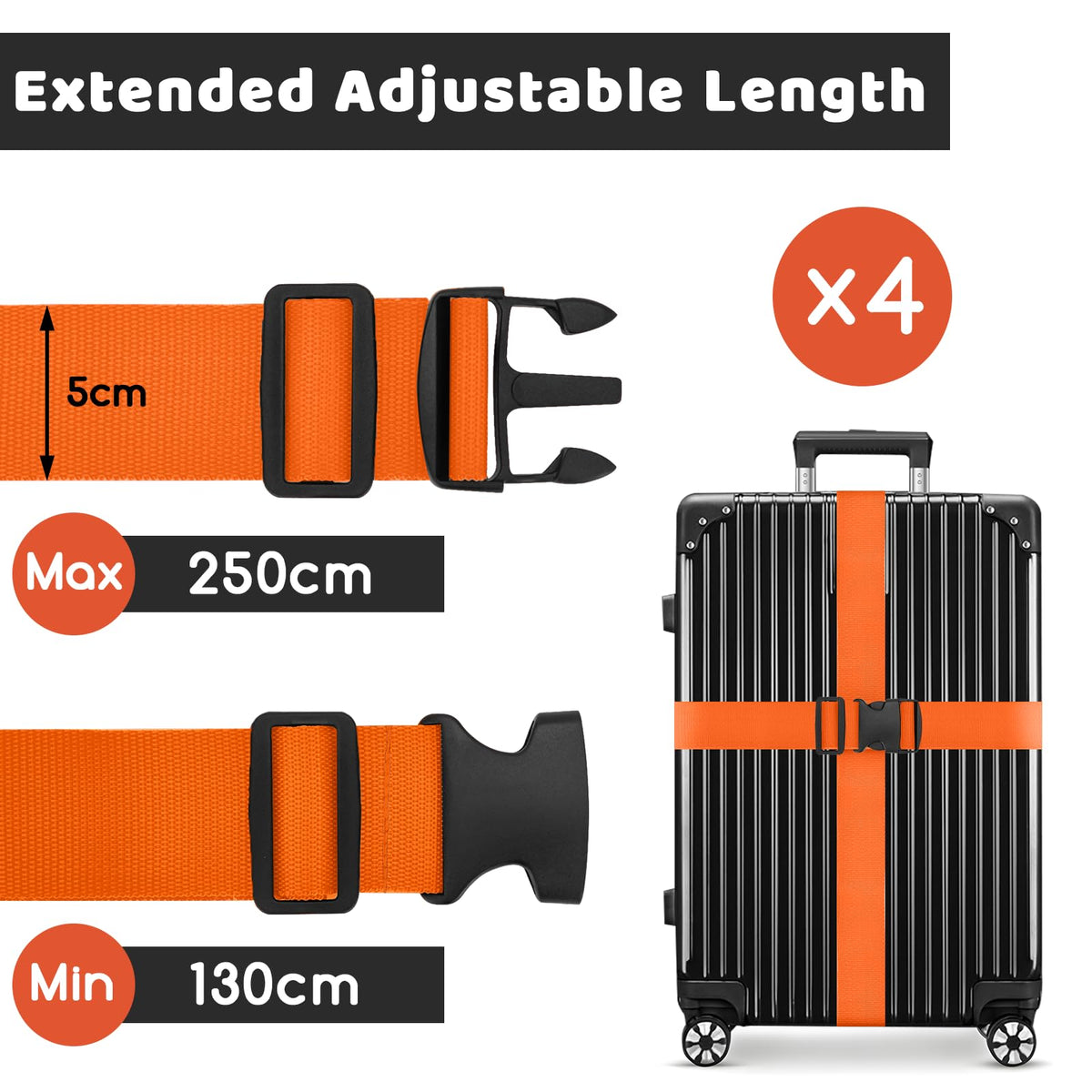 WISYOK Luggage Straps Extended, 4 Pack, 130-250cm Adjustable, Pink SkyBlue