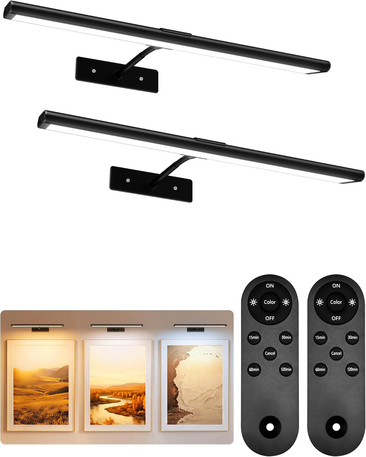 EZVALO Picture Light for Wall, 4800mAh Rechargeable Wireless Gold Light with IR Remote, Dimmable Magnetic LED Art Display Light with 3 Color Temperatures, for Gallery, Living Room, Bedroom(2Pack)