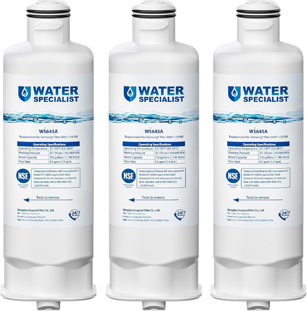Waterspecialist WS645A Refrigerator Water Filter, Replacement for Samsung® DA97-17376B, HAF-QIN/EXP, HAF-QIN, RF28T5001SR, DA97-08006C, RS27T5200SR, RF28R7351SG, RF24R7201SR, RF27T5201SR, 3 Pack