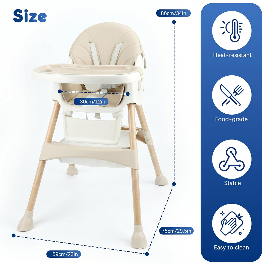 Baby High Chair Foldable Highchair, High Chairs for Babies and Toddlers Adjustable Height & Reclining Seat Detachable Double Tray, Ergonomic Feeding Portable Highchairs for Newborn 6 Months to 5 Years