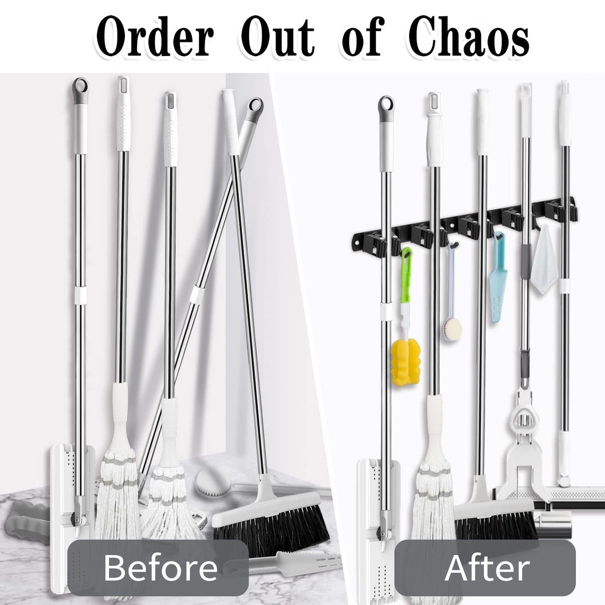 AceMining Broom Holder Wall Mount, 5 Racks 4 Hooks Heavy Duty Mop Organizer