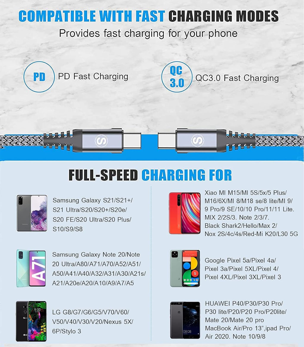 2-Pack 2m 60W USB C to USB C Charger Cable, PD Type C Super Fast Charging for iPhone 17 air 16 15 MacBook iPad Pro, Samsung Flip Fold 7 6 5 S26 S25 S24 S23 Ultra, Steam Deck, Nintendo Switch etc
