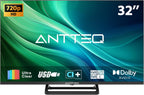 Antteq 32 Inch TV, Central Stand Design TV 720P Freeview HD Dolby Audio DVB T2/S2 LED Television, HDMI USB Media Player Monitor PS5 Xbox, Standard Nonsmart TV Small Screen for Bedroom Kitchen Black