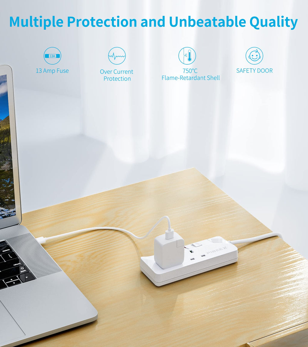PIBEEX Extension Lead 2 Way Plug Sockets with Individual Switches Wall Mountable Power Strip 3M Extension Cable 13A Fused UK Plug 3250W