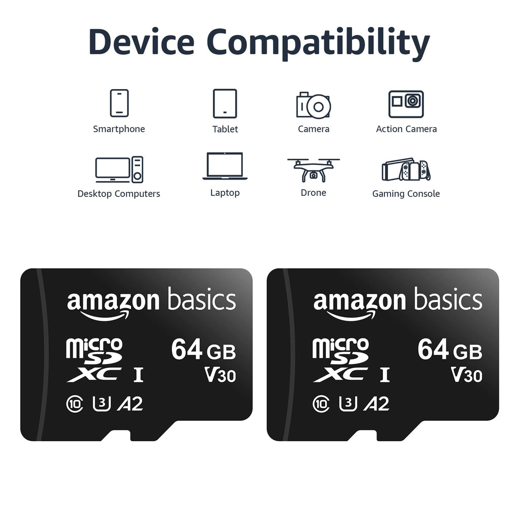 Amazon Basics microSDXC Memory Card, 64GB, A2, U3, 100MB/s Read Speed, Black, 2-Pack
