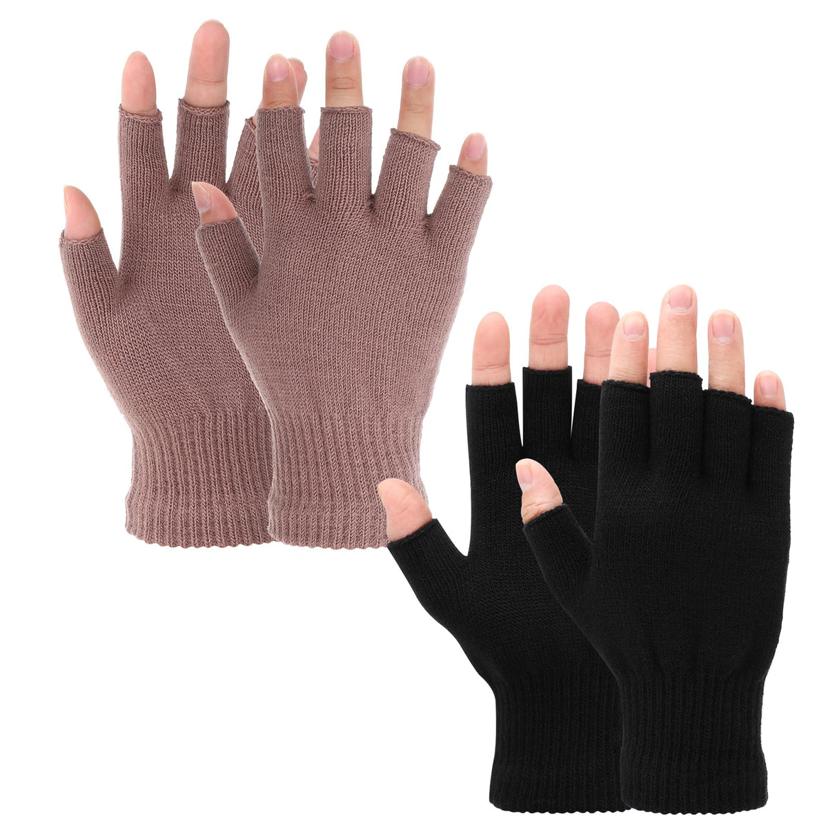 Grevosea 2 Pair Fingerless Warm Gloves - Winter Half Finger Gloves Thickened Knit Touchscreen Stretchy Mittens for Men Women