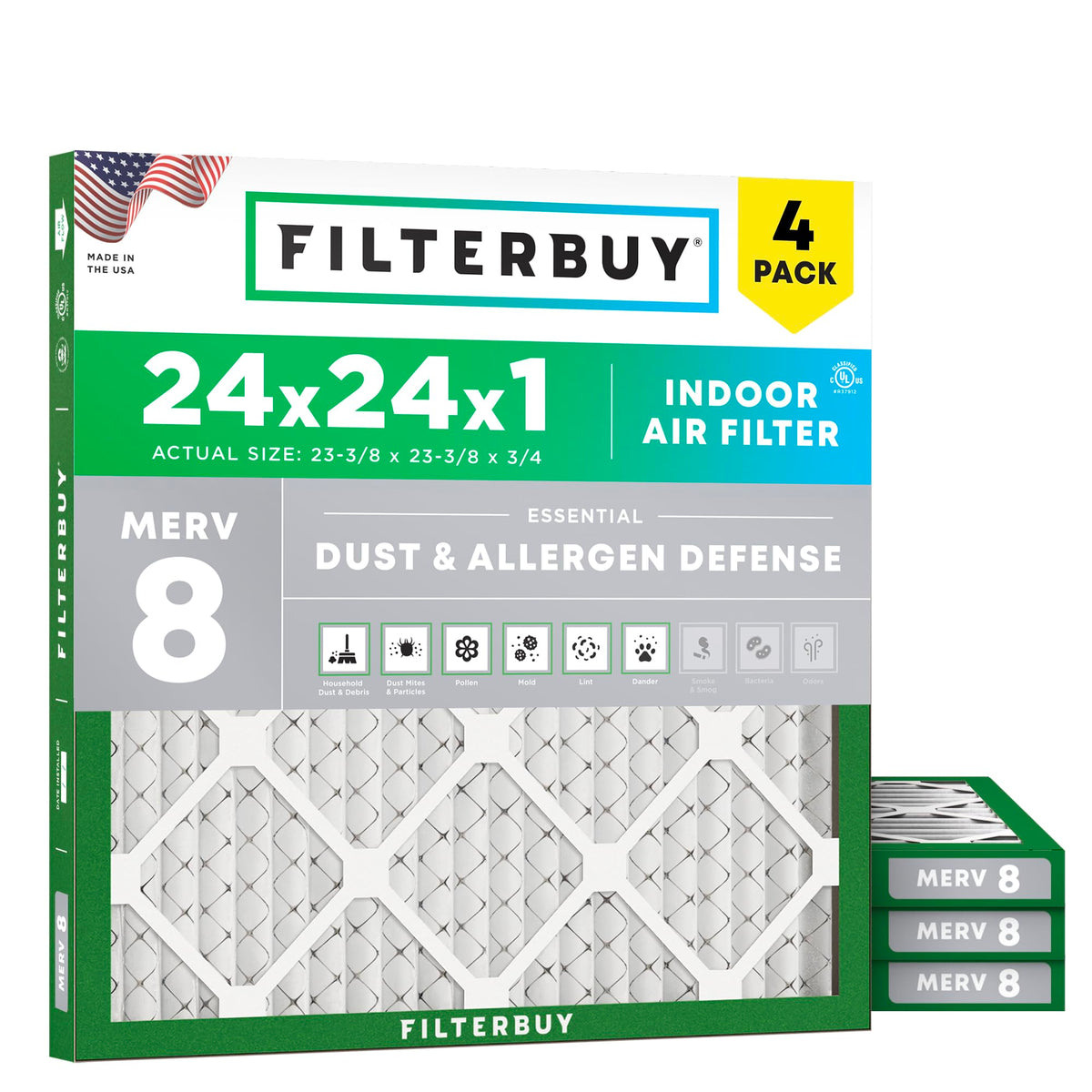 Filterbuy 20x20x1 Air Filter MERV 8 Dust & Allergy Defense (4-Pack)