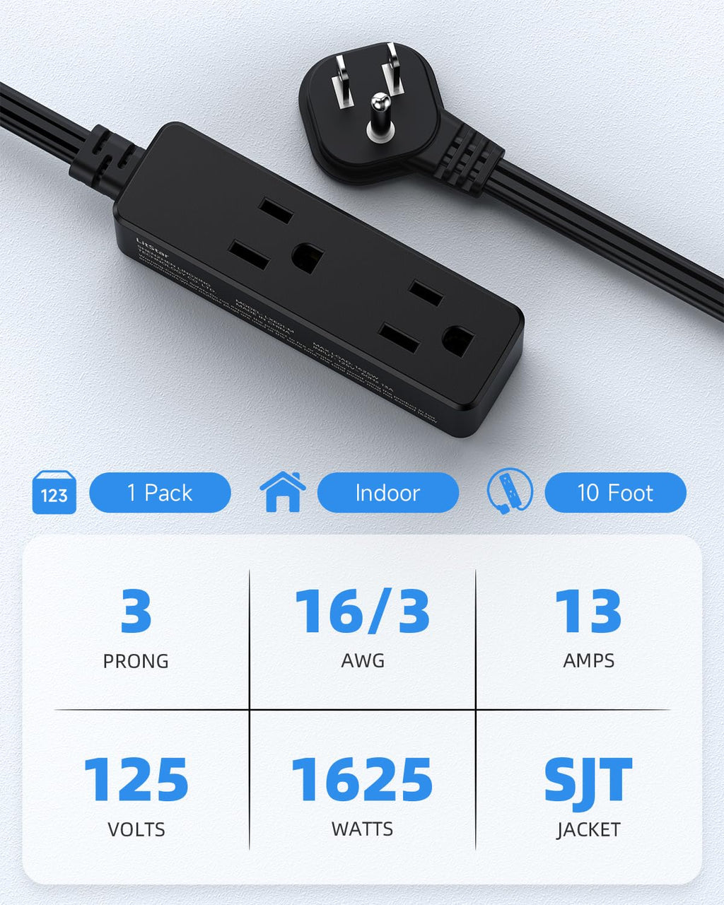 Flat Plug Extension Cord with 3 Outlets - 1Ft Low Profile Indoor 3 Prong Grounded Power Strip for Home Office & Travel - 16 AWG 13A/1625W, Black