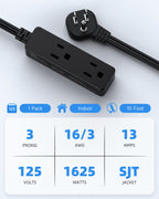 Flat Plug Extension Cord with 3 Outlets - 1Ft Low Profile Indoor 3 Prong Grounded Power Strip for Home Office & Travel - 16 AWG 13A/1625W, Black